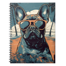 Französischer Bulldog bei Sonnenuntergang an einem Notizblock