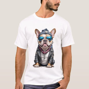 Französischer Bulldog-Biker-Rebell in Leather Jack T-Shirt