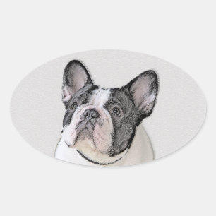 Französischer Bulldog (Brindle Pied) Malerei - Hun Ovaler Aufkleber