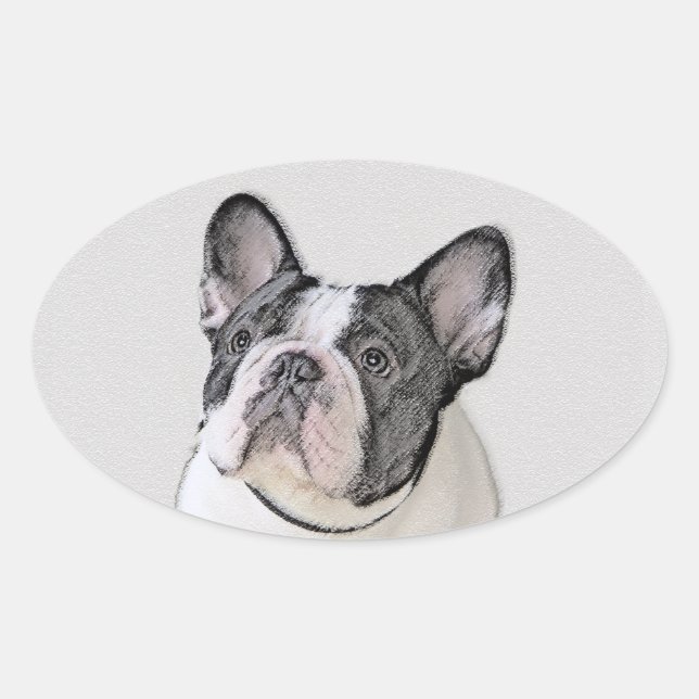 Französischer Bulldog (Brindle Pied) Malerei - Hun Ovaler Aufkleber (Vorderseite)