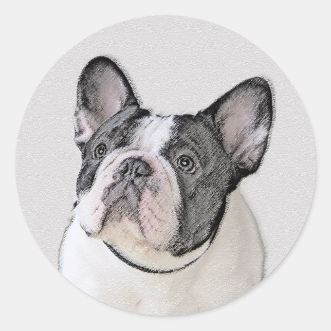 Französischer Bulldog (Brindle Pied) Malerei - Hun Runder Aufkleber (Vorderseite)