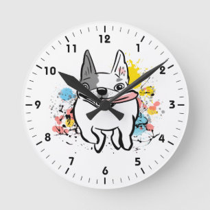 Französischer Bulldog, der Hund mit Paint Splashes Runde Wanduhr