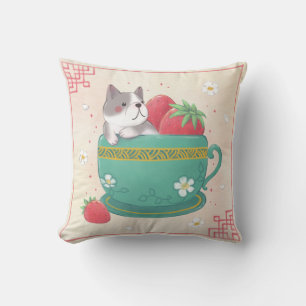 Französischer Bulldog, Erdbeeren & Cup Illustratio Kissen