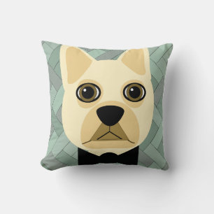 Französischer Bulldog, grüner Herringbone Kissen
