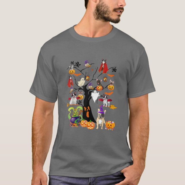 Französischer Bulldog Hexen Halloween Tree Phantas T-Shirt (Vorderseite)