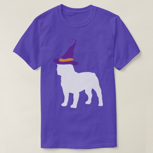 Französischer Bulldog Hexenhut Lazy Halloween Kost T-Shirt (Design vorne)