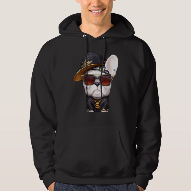 Französischer Bulldog-Hip-Hop Super-Star mit Hut u Hoodie (Vorderseite)