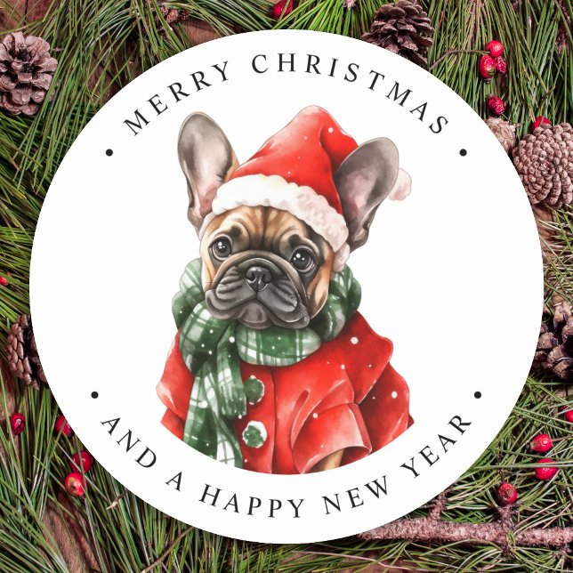 Französischer Bulldog Hund Festive Niedlich Frohe  Runder Aufkleber (Von Creator hochgeladen)