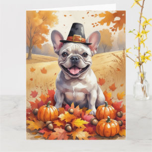 Französischer Bulldog im Herbst hinterlässt Ernted Karte