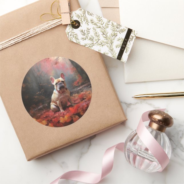 Französischer Bulldog im Herbst Leaves Fall Inspir Runder Aufkleber (Schenken)