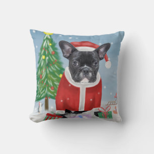 Französischer Bulldog im Schnee mit Weihnachtsgesc Kissen