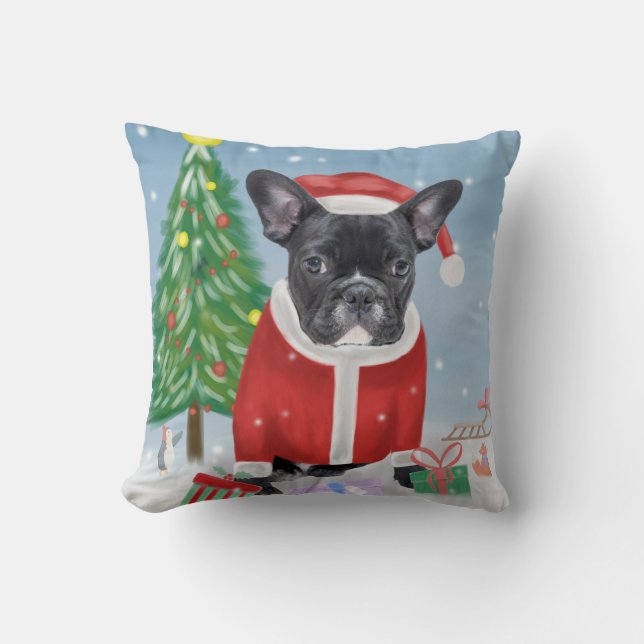 Französischer Bulldog im Schnee mit Weihnachtsgesc Kissen (Vorderseite)