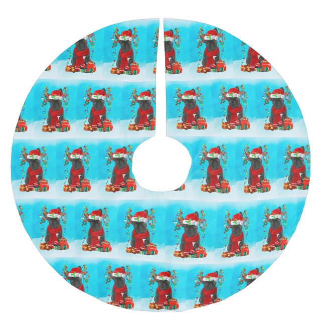 Französischer Bulldog im Schnee mit Weihnachtsgesc Polyester Weihnachtsbaumdecke (Vorderseite)