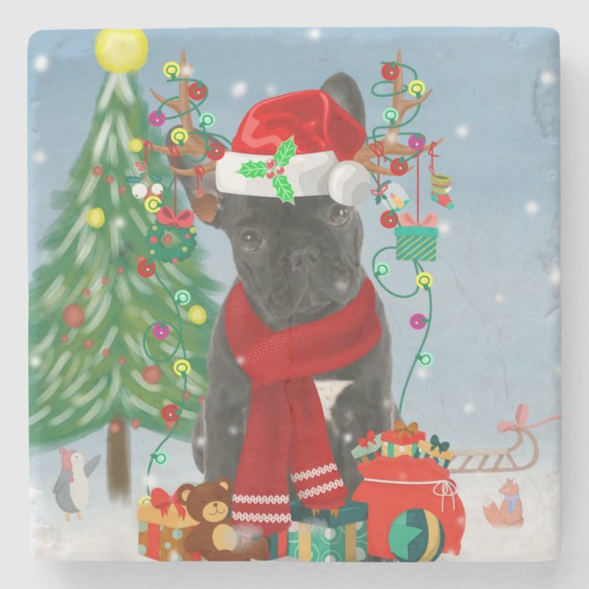Französischer Bulldog im Schnee mit Weihnachtsgesc Steinuntersetzer (Vorderseite)