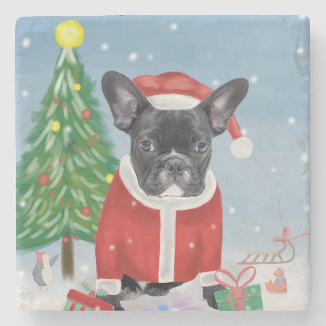 Französischer Bulldog im Schnee mit Weihnachtsgesc Steinuntersetzer (Vorderseite)