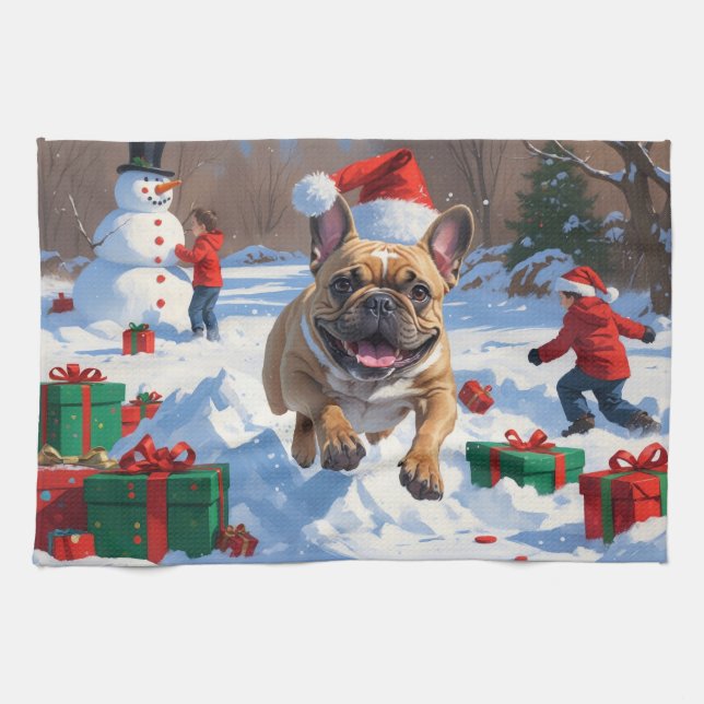 Französischer Bulldog im Schnee mit Weihnachtsmütz Geschirrtuch (Horizontal)