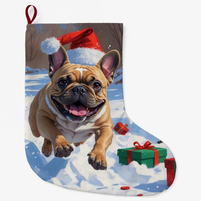 Französischer Bulldog im Schnee mit Weihnachtsmütz Großer Weihnachtsstrumpf (Vorderseite)