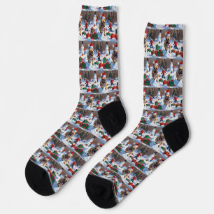 Französischer Bulldog im Schnee mit Weihnachtsmütz Socken