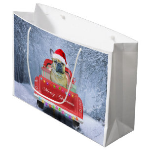 Französischer Bulldog im Schnee sitzend im Weihnac Große Geschenktüte