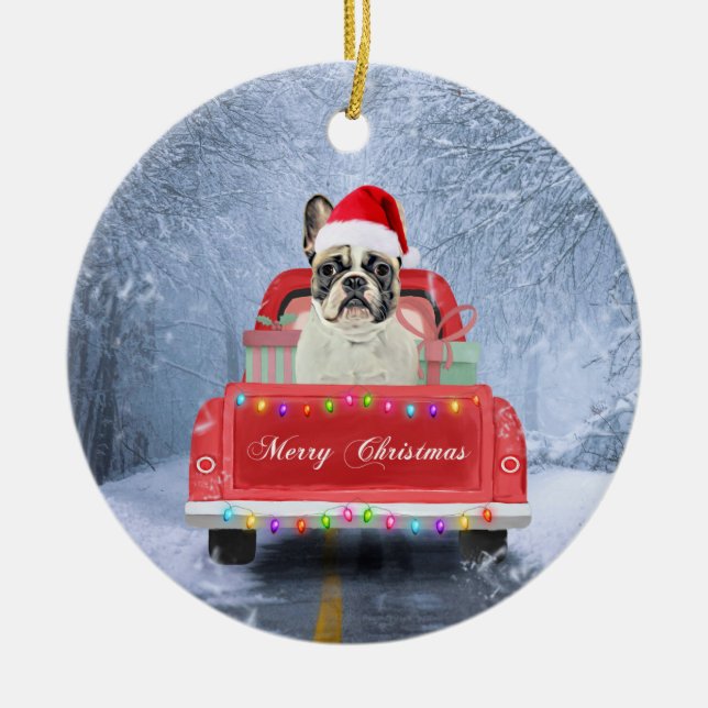 Französischer Bulldog im Schnee sitzend im Weihnac Keramik Ornament (Vorne)