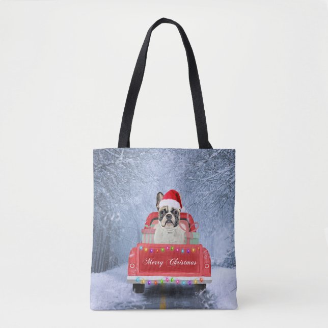 Französischer Bulldog im Schnee sitzend im Weihnac Tasche (Vorderseite)