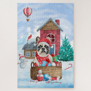 Französischer Bulldog im Schnee Weihnachts-Hundeha
