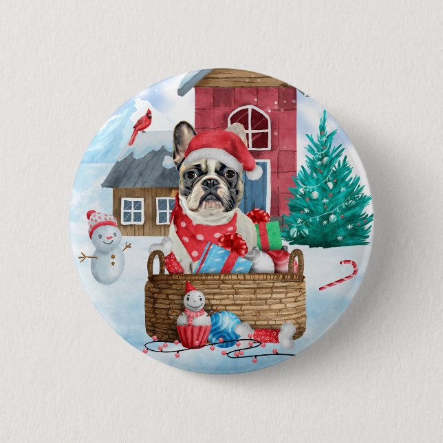 Französischer Bulldog im Schnee Weihnachts-Hundeha Button (Vorderseite)