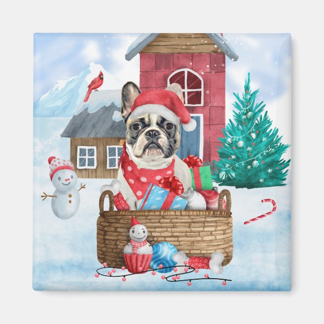 Französischer Bulldog im Schnee Weihnachts-Hundeha Magnet (Vorne)