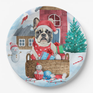 Französischer Bulldog im Schnee Weihnachts-Hundeha Pappteller