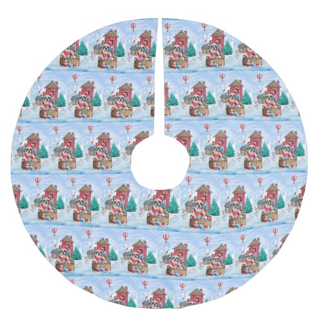 Französischer Bulldog im Schnee Weihnachts-Hundeha Polyester Weihnachtsbaumdecke (Vorderseite)