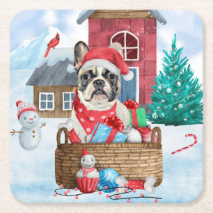 Französischer Bulldog im Schnee Weihnachts-Hundeha Rechteckiger Pappuntersetzer