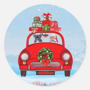 Französischer Bulldog in Auto mit dem Weihnachtsma Runder Aufkleber