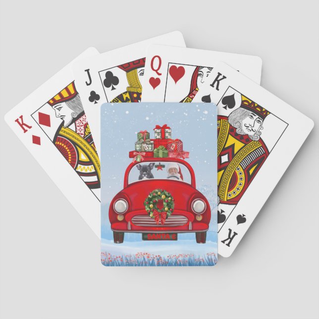 Französischer Bulldog in Auto mit dem Weihnachtsma Spielkarten (Rückseite)