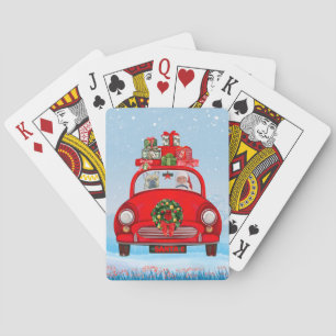 Französischer Bulldog in Auto mit dem Weihnachtsma Spielkarten