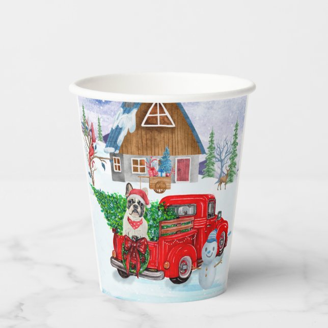 Französischer Bulldog in Christmas Delivery LKW Sc Pappbecher (Vorderseite)