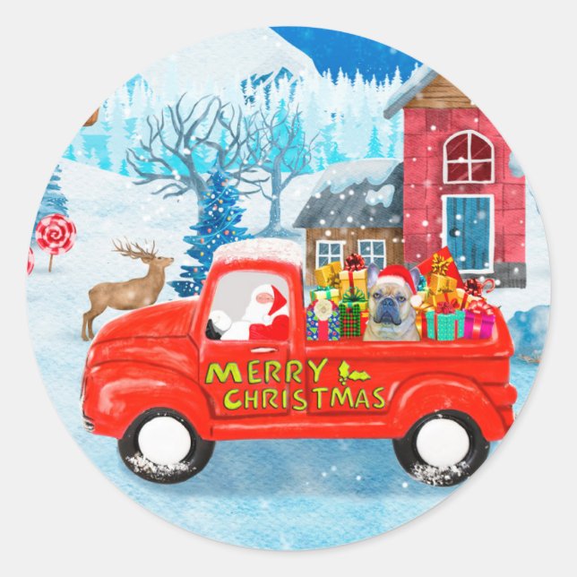 Französischer Bulldog in Christmas Delivery Truck  Runder Aufkleber (Vorderseite)