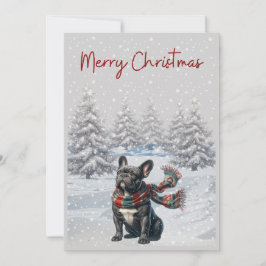 Französischer Bulldog in der Schnee Weihnachtskart Feiertagskarte