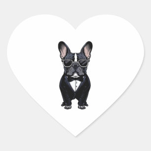 Französischer Bulldog in Tuxedo mit Brille Herz-Aufkleber