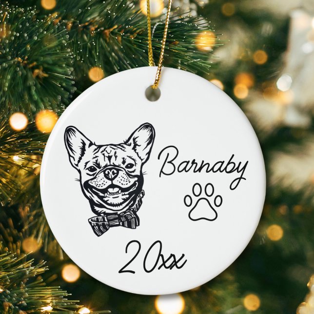 Französischer Bulldog Individuelle Name & Year Lin Keramik Ornament (French BullDog Custom Name and Year Ornament with Paw Print. Black and White Line Art Modern)
