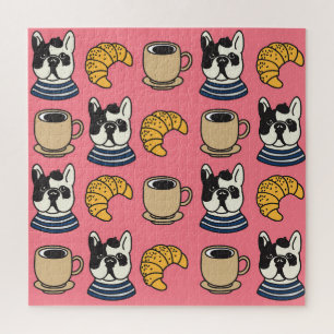 Französischer Bulldog, Kaffee, Croissant Thema.