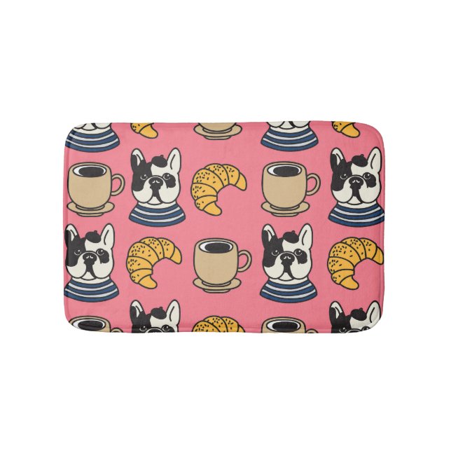 Französischer Bulldog, Kaffee, Croissant Thema. Badematte (Vorderseite)