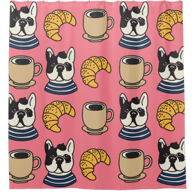 Französischer Bulldog, Kaffee, Croissant Thema. Duschvorhang (Vorderseite)