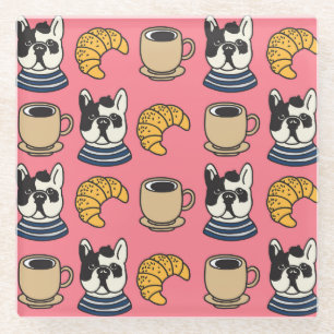 Französischer Bulldog, Kaffee, Croissant Thema. Glasuntersetzer