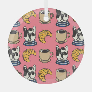 Französischer Bulldog, Kaffee, Croissant Thema. Ornament Aus Glas