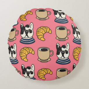Französischer Bulldog, Kaffee, Croissant Thema. Rundes Kissen