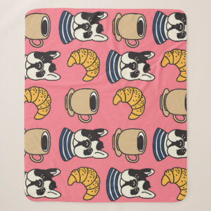 Französischer Bulldog, Kaffee, Croissant Thema. Sherpadecke