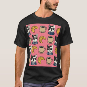 Französischer Bulldog, Kaffee, Croissant Thema. T-Shirt