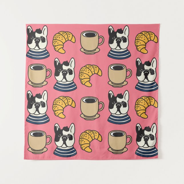 Französischer Bulldog, Kaffee, Croissant Thema. Wandteppich (Vorderseite)