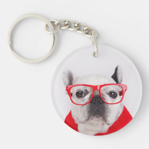 Französischer Bulldog mit Brille und Shirt Schlüsselanhänger