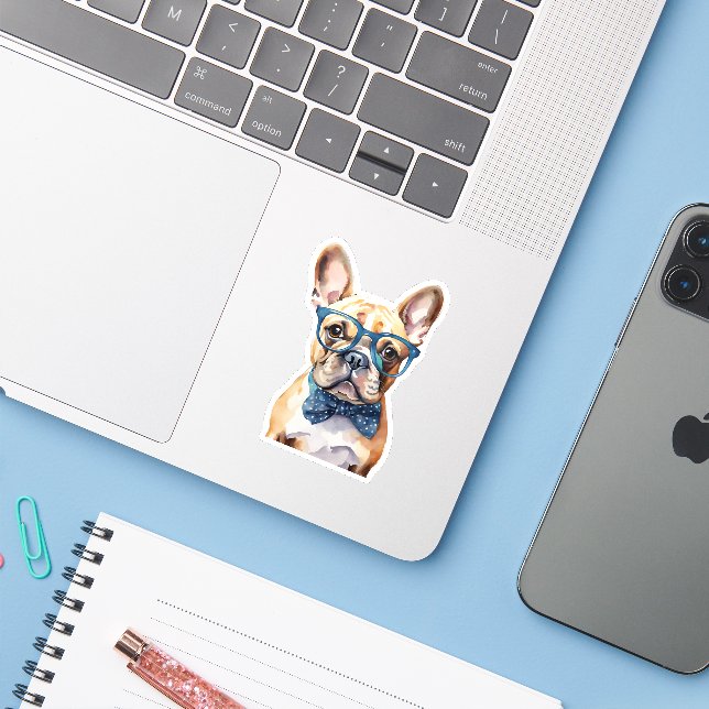 Französischer Bulldog mit Brillen wasserdicht Aufkleber (Laptop mit iPhone)